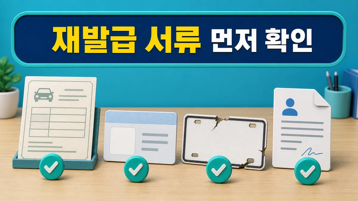 자동차등록증과 개인정보 없는 신분증, 훼손 번호판, 위임장을 재발급 서류로 점검하는 일러스트