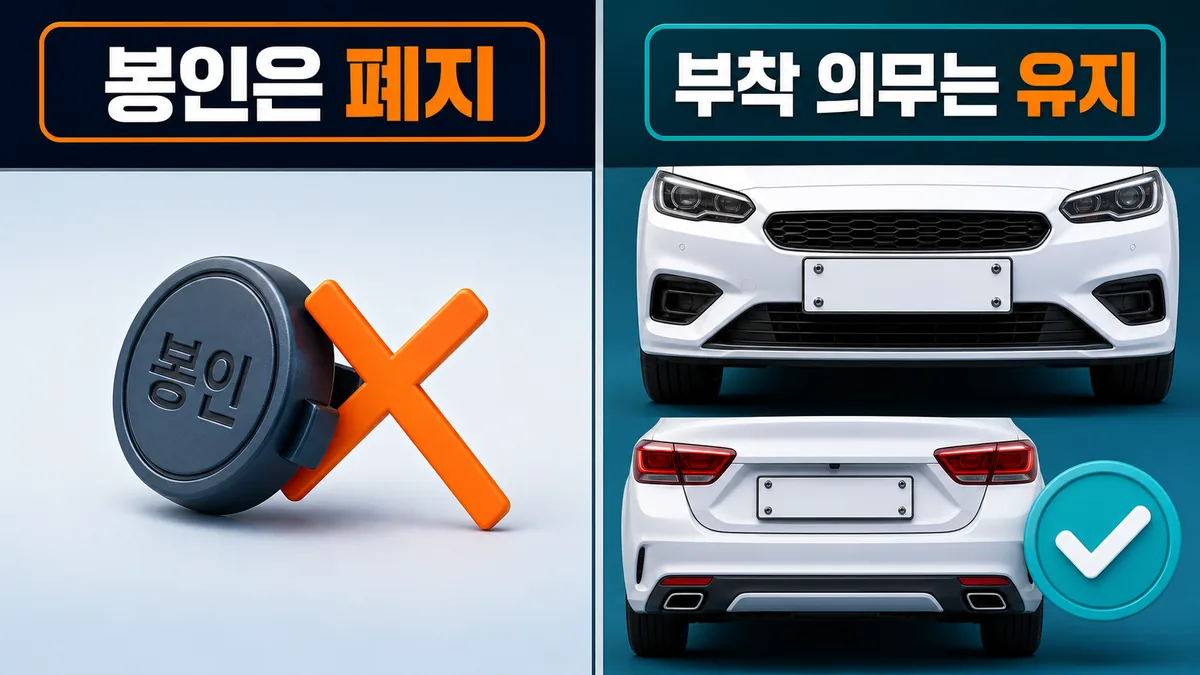 번호판 봉인 폐지와 앞뒤 번호판 부착 의무 유지를 좌우로 비교한 안전 안내 일러스트