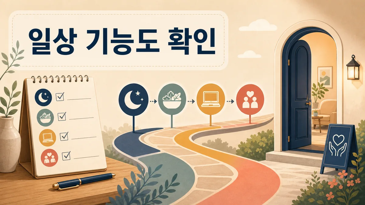 수면, 식사, 업무와 관계 상태를 점검한 뒤 전문 지원으로 이어지는 도움 요청 기준을 나타낸 이미지