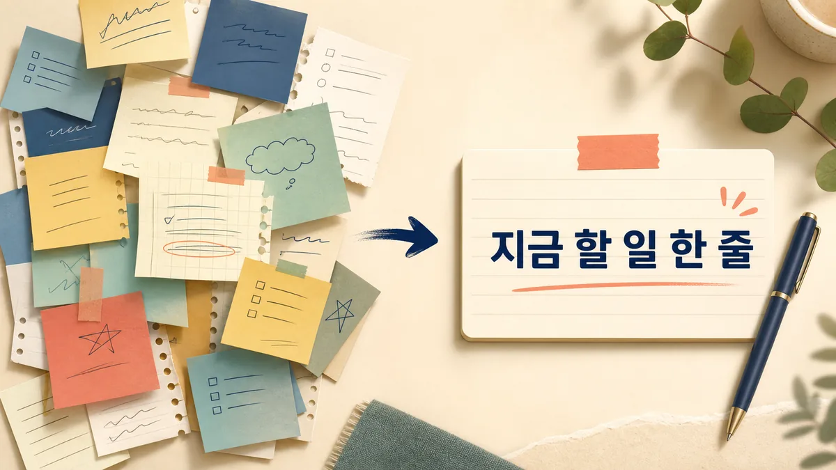 여러 메모가 한 장의 할 일 카드로 정리되는 모습으로 지금 할 일을 한 줄로 적는 방법을 설명한 이미지