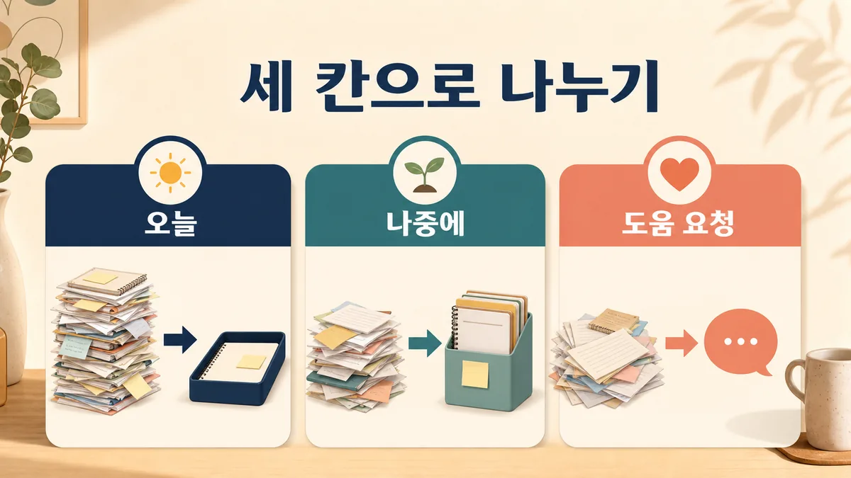 쌓인 업무를 오늘, 나중, 도움 요청의 세 칸으로 분류하는 우선순위 방법을 보여주는 이미지