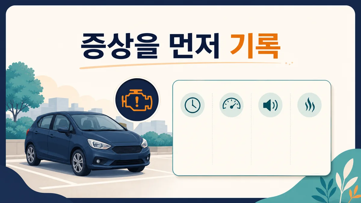 안전하게 주차된 자동차와 시간·주행조건·소리·냄새 아이콘이 있는 빈 기록 카드로 정비 전 증상 기록 항목을 설명한 이미지