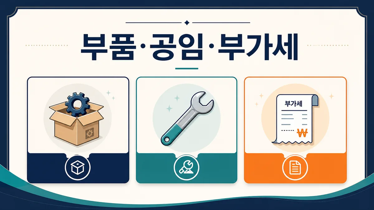 자동차 부품 상자, 정비 공임 렌치, 부가가치세 영수증을 세 칸으로 나눠 견적 금액 구성을 설명한 이미지