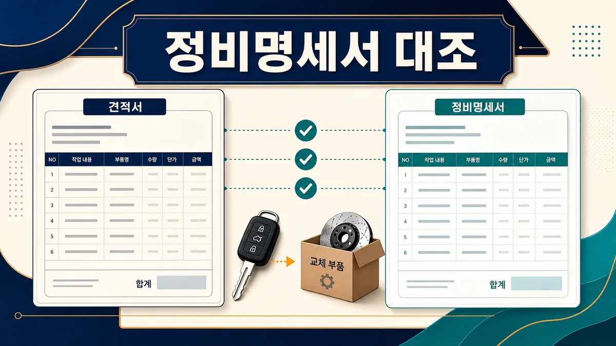 자동차 정비 견적서와 정비명세서의 작업내용·부품명·수량·단가·금액을 항목별로 대조하는 이미지