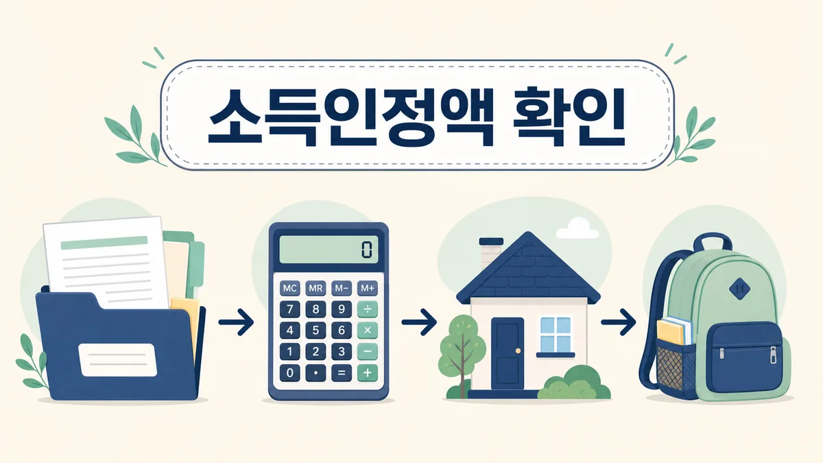 가구 서류와 계산기, 집과 학교 가방을 연결해 교육급여 소득인정액 확인 과정을 설명하는 일러스트