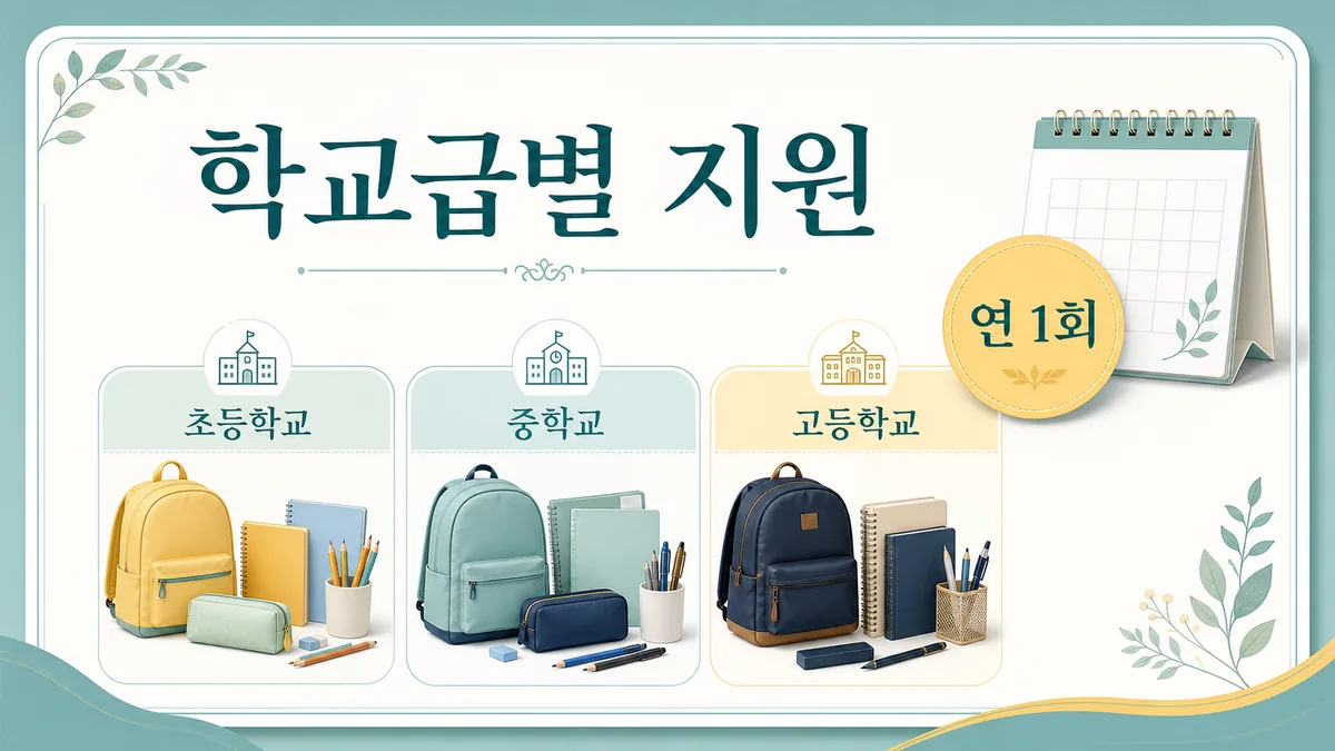 초등학교, 중학교, 고등학교 가방과 연 1회 표시로 학교급별 교육활동지원비를 설명하는 일러스트