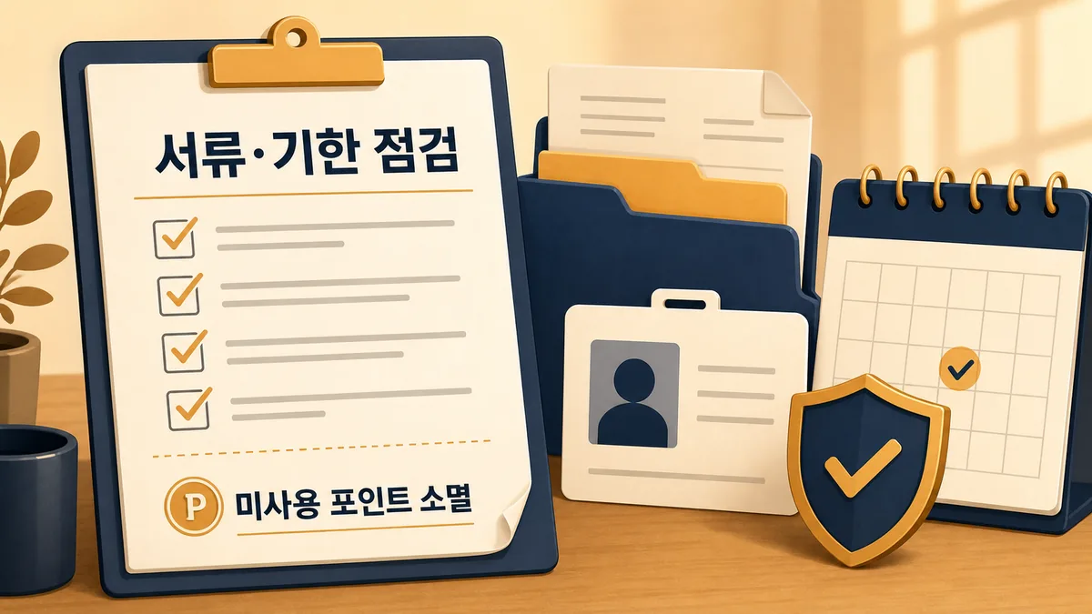 체크리스트와 신분 확인 카드, 서류함, 달력, 방패로 교육급여 서류와 사용기한 점검을 안내하는 이미지