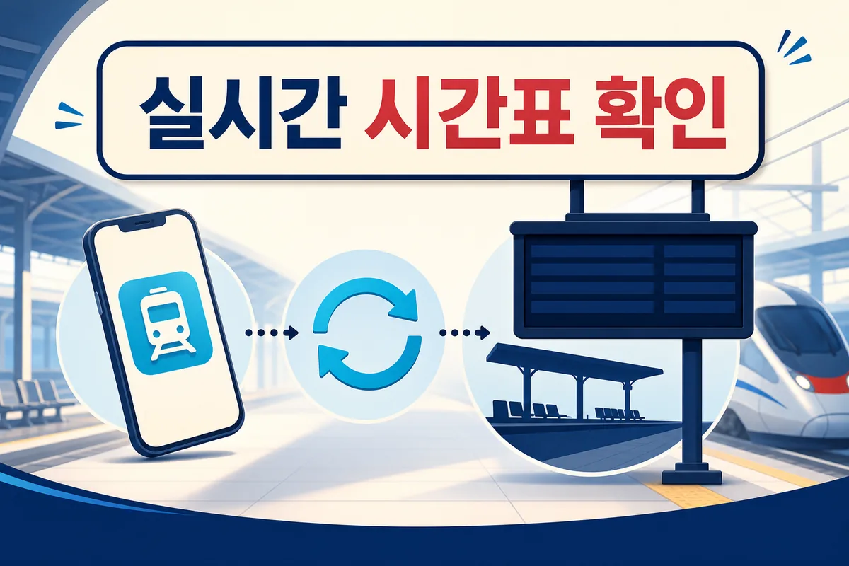 스마트폰 새로고침 아이콘과 열차 안내판으로 대전역 KTX 실시간 시간표 조회 방법을 설명하는 카드