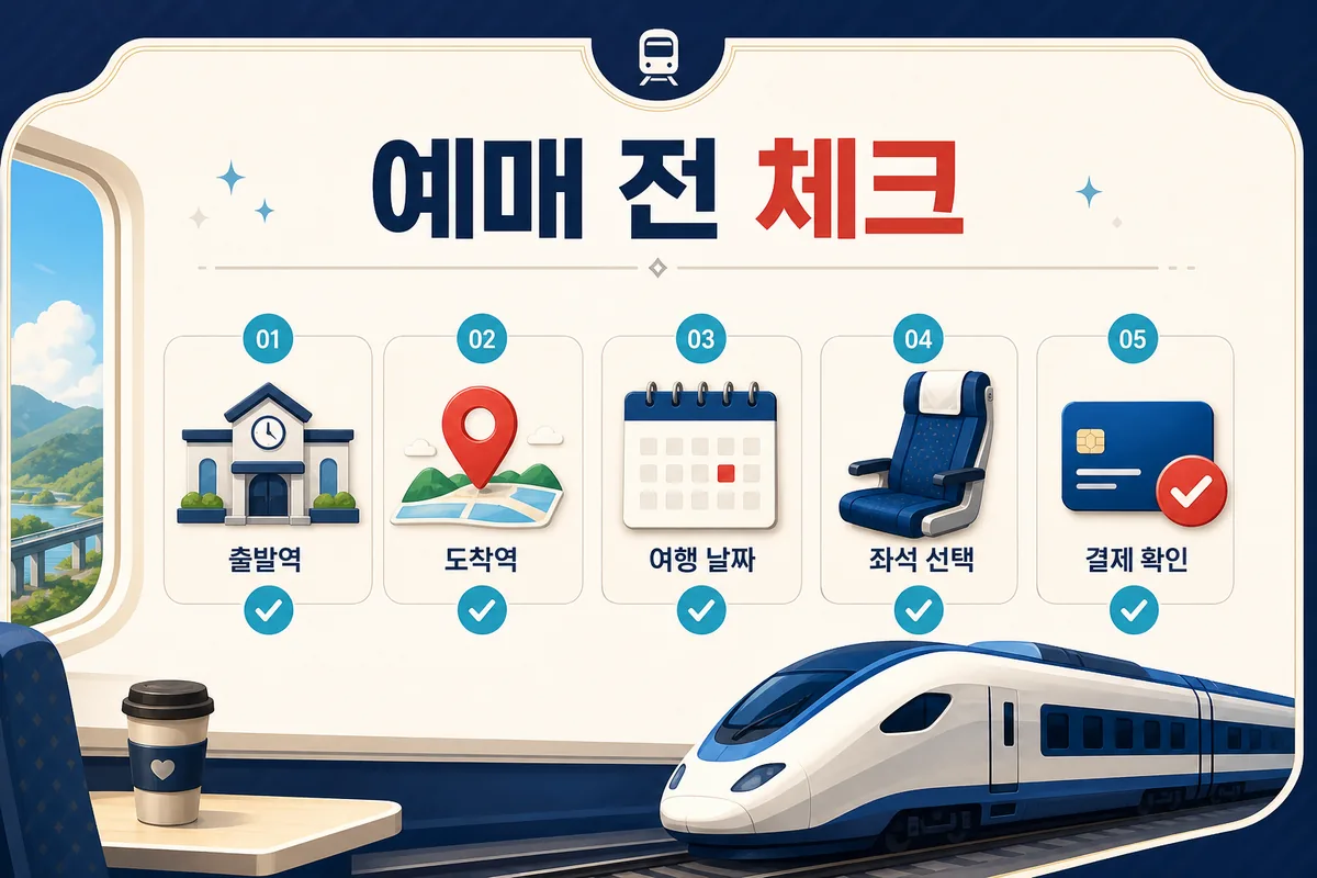 출발역 도착역 여행 날짜 좌석 선택 결제 확인 순서로 대전역 KTX 예매 전 준비사항을 설명하는 체크리스트