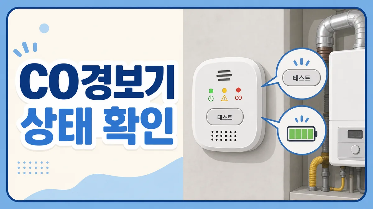 주거용 가스보일러 옆 일산화탄소 경보기의 테스트 버튼과 배터리 상태를 확인하는 카드