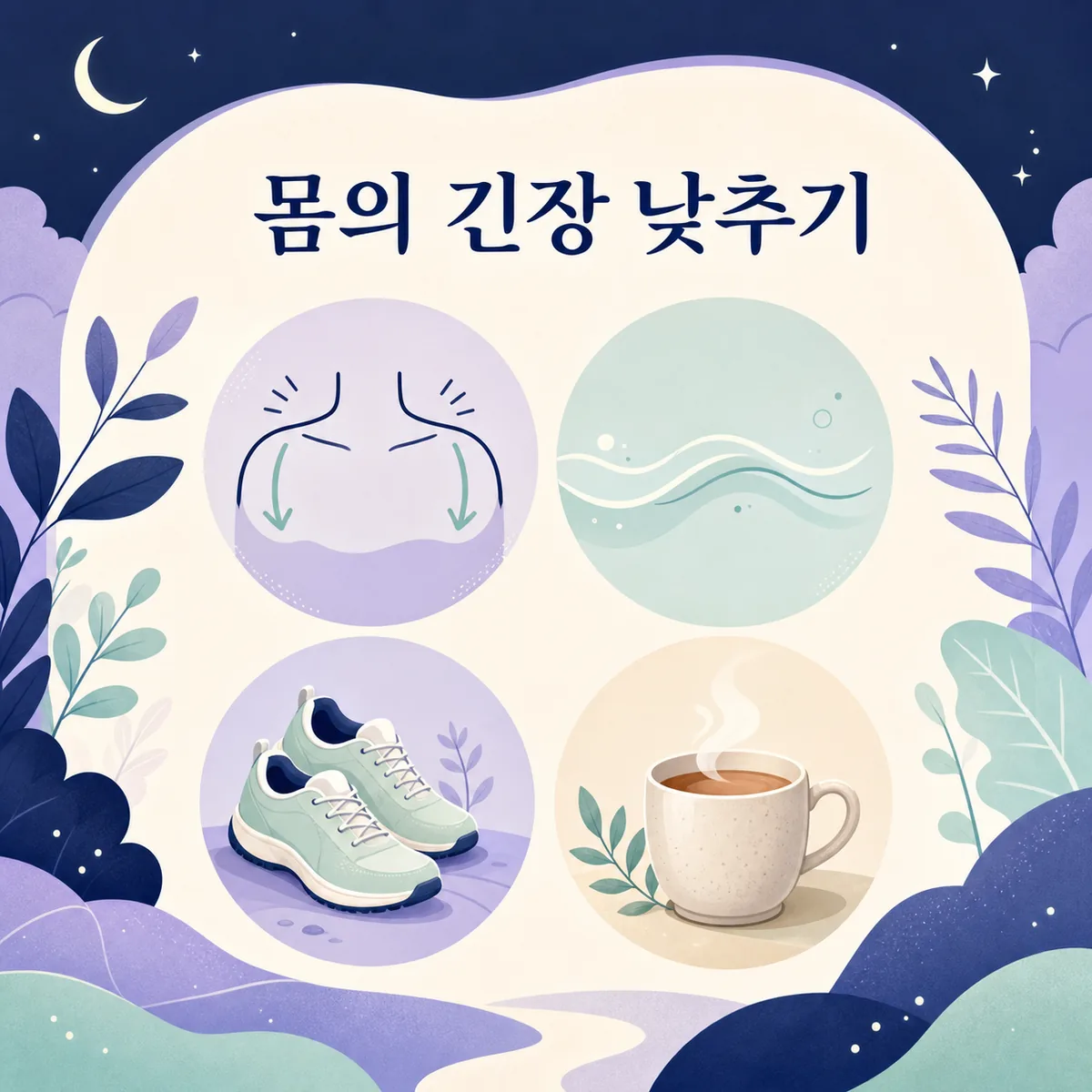 어깨 이완과 편안한 호흡, 가벼운 걷기로 몸의 긴장을 살피는 마음관리 카드