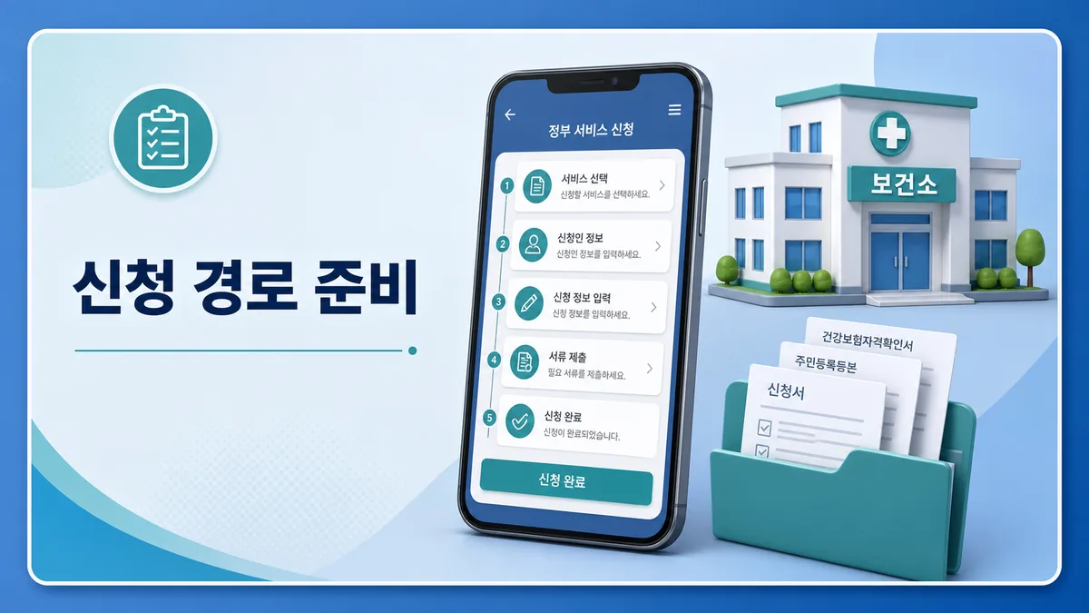 복지로 온라인 신청과 주소지 보건소 방문 신청에 필요한 서류를 준비하는 이미지