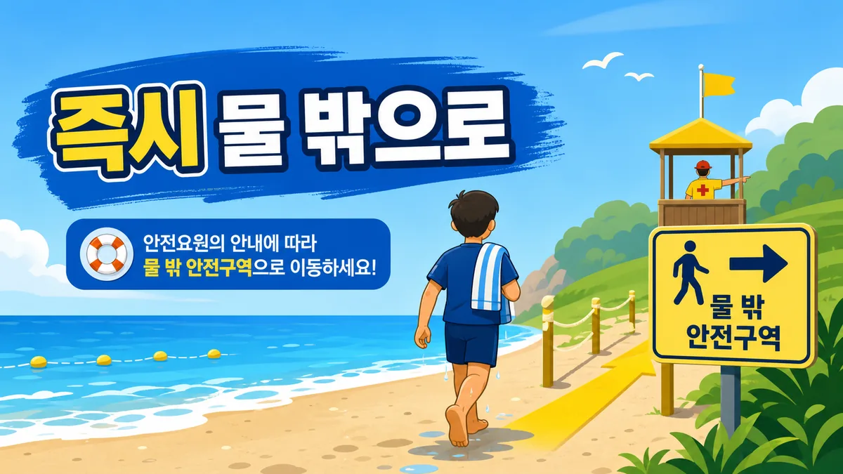 해파리 접촉 뒤 즉시 물 밖 안전구역으로 이동하는 방법을 보여주는 생활안전 일러스트