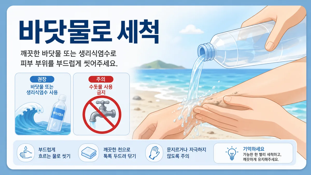 해파리 쏘임 부위를 바닷물이나 생리식염수로 씻고 수돗물은 피하는 방법을 설명하는 카드 이미지