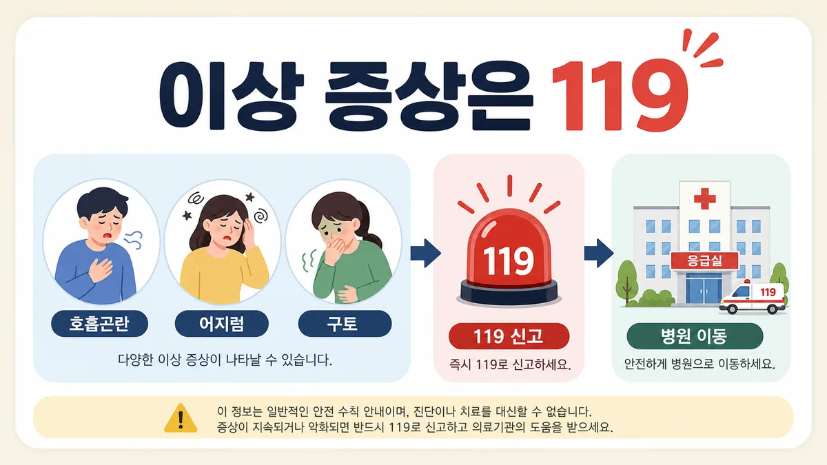 해파리 쏘임 뒤 호흡곤란 어지럼 구토가 나타날 때 119 신고와 병원 이동 기준을 보여주는 이미지
