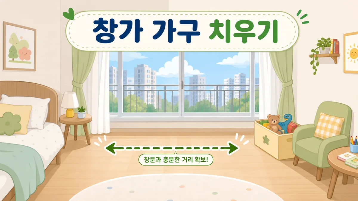 침대 의자 장난감 상자를 창문에서 떨어뜨려 배치한 어린이 창가 가구 안전 이미지