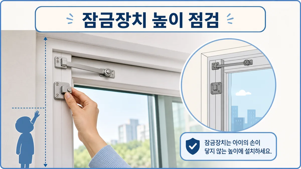 어린이 손이 닿기 어려운 높이에 창문 잠금장치와 개방 제한장치를 점검하는 이미지