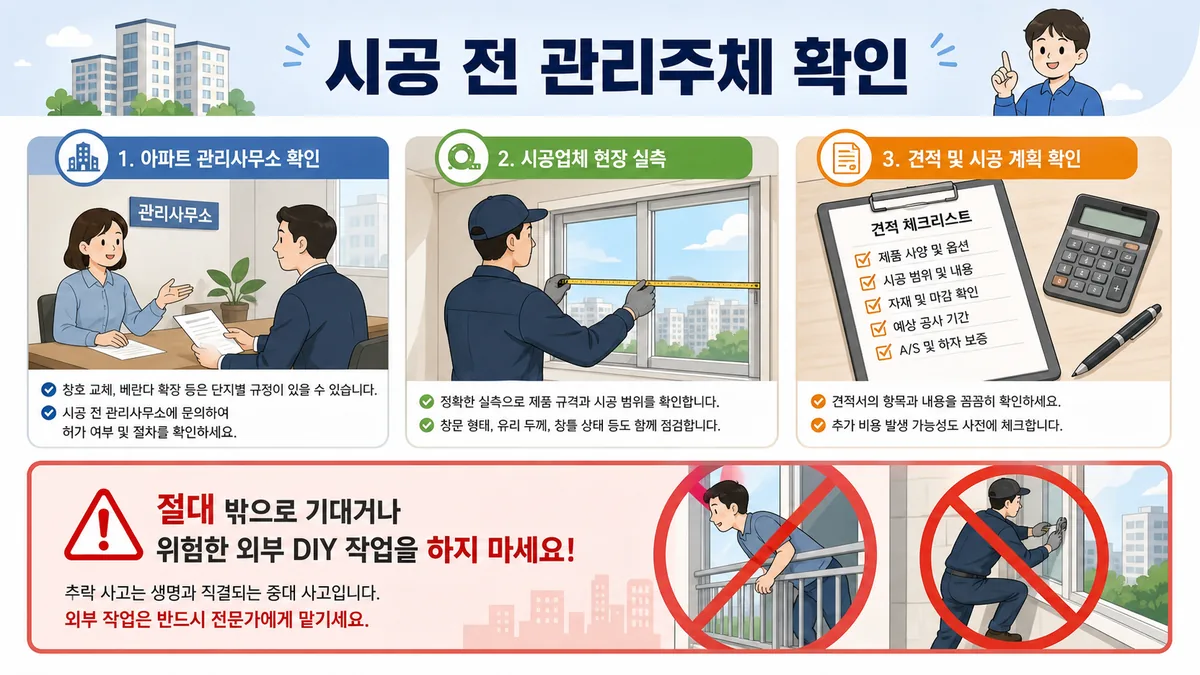 공동주택 창호 안전시설 시공 전 관리사무소 확인 현장 실측 서면 견적 절차 이미지
