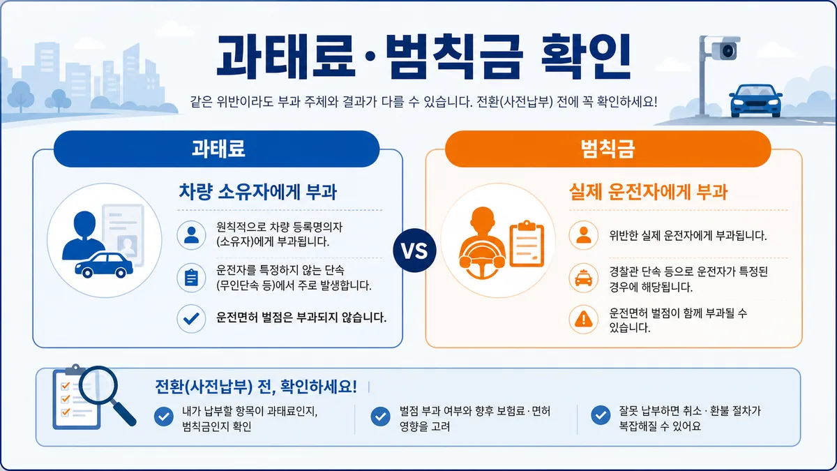 차량 소유자 과태료와 실제 운전자 범칙금의 확인 주체와 행정상 차이를 비교한 카드형 안내