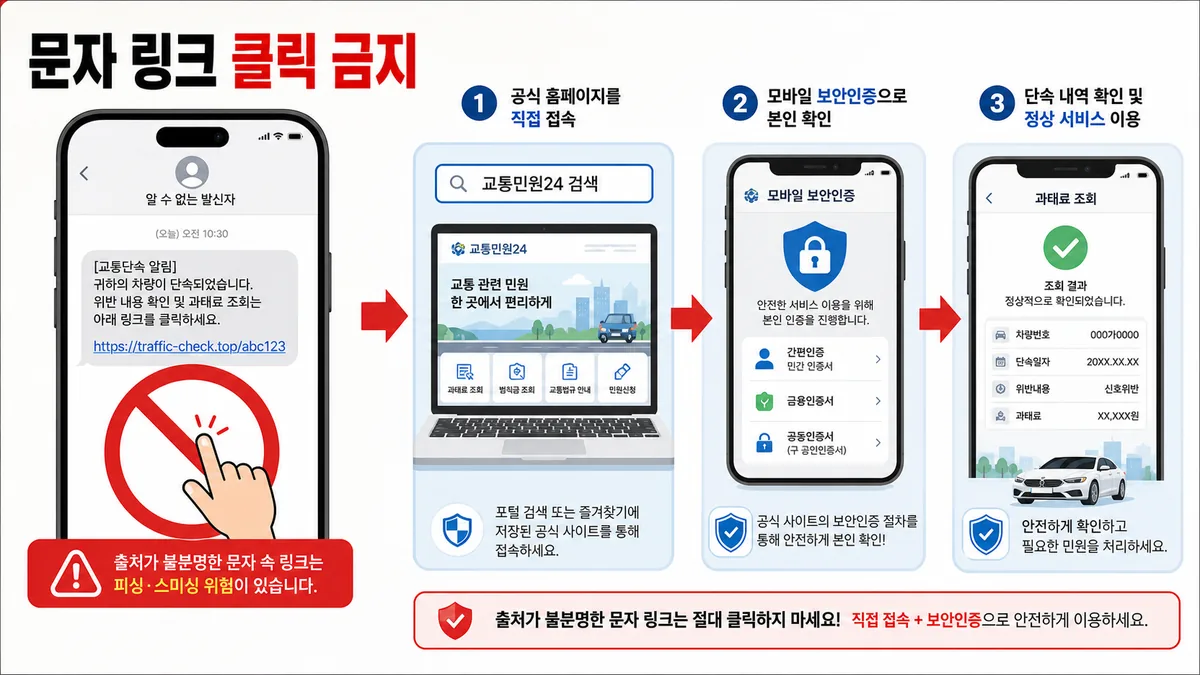 의심스러운 교통위반 문자 링크를 누르지 않고 이파인과 보호나라로 확인하는 스미싱 대응 순서