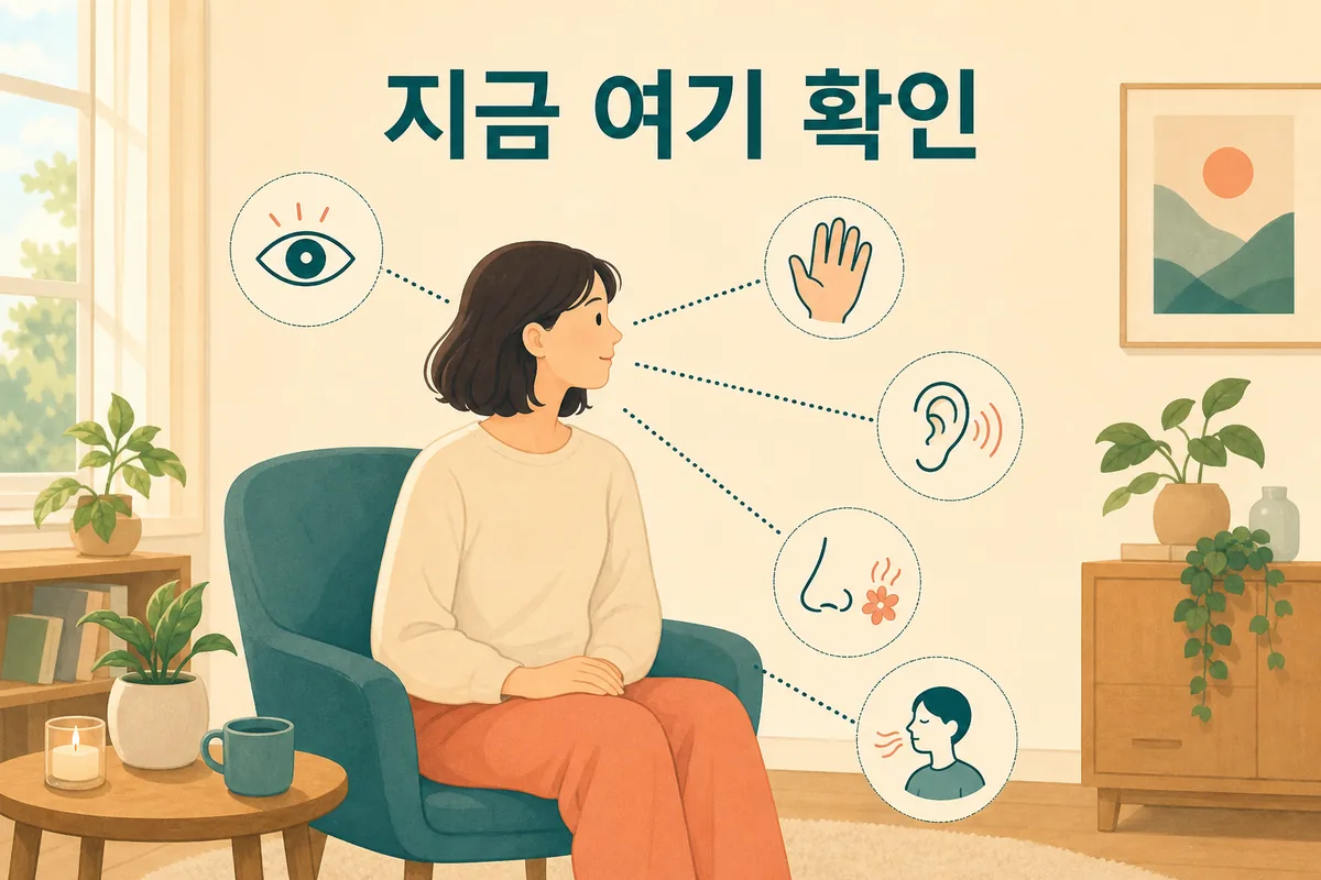 불안이 올라올 때 시각 촉각 청각 후각과 호흡으로 지금 여기의 안전을 확인하는 카드형 안내