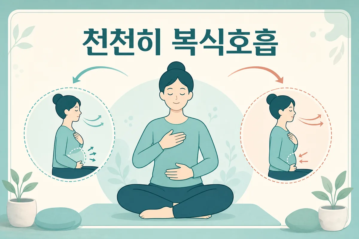 한 손은 가슴 다른 손은 배에 두고 천천히 복식호흡의 움직임을 확인하는 애니메이션풍 안내