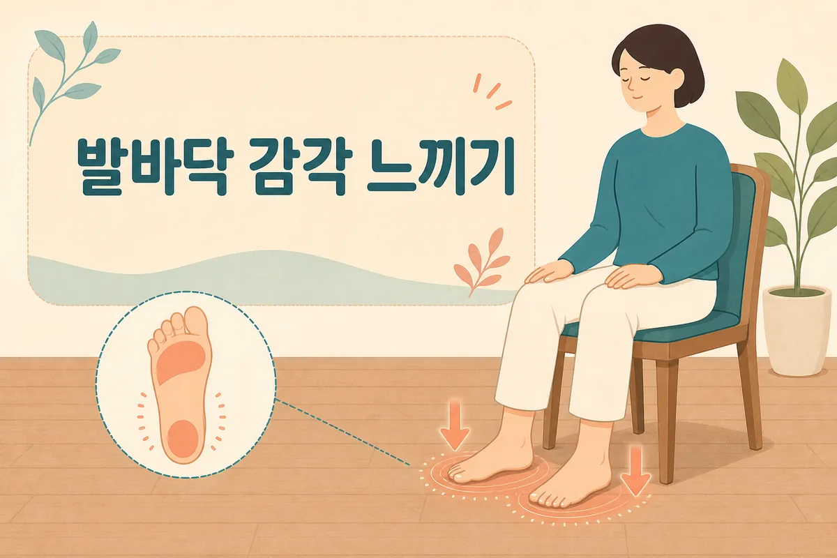 의자에 앉아 두 발을 바닥에 붙이고 발바닥과 발뒤꿈치의 압력을 느끼는 착지법 안내