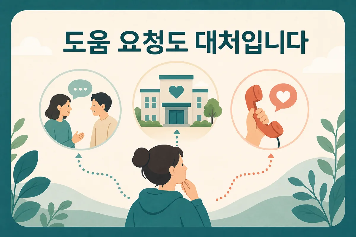 신뢰하는 사람 정신건강복지센터 긴급상담으로 도움을 요청하는 세 가지 경로를 보여주는 카드형 이미지