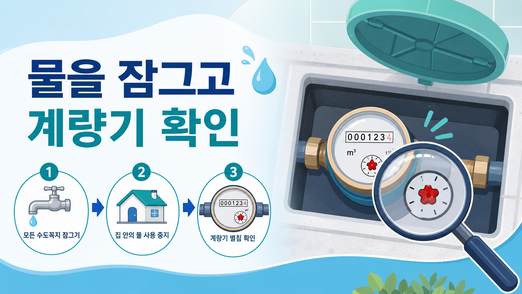 제주시 주택에서 모든 수전을 잠근 뒤 수도계량기 별침을 확인하는 3단계 안내 이미지