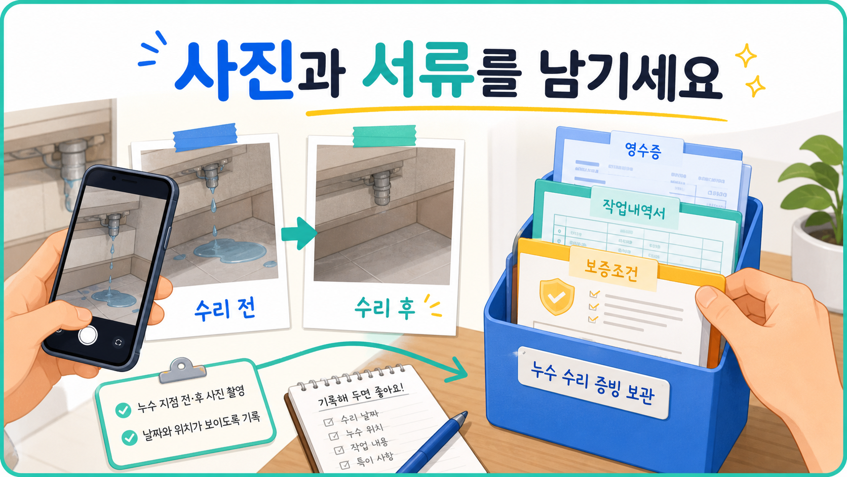 누수 수리 전후 사진과 영수증 작업내역서 보증조건을 보관하는 방법 이미지
