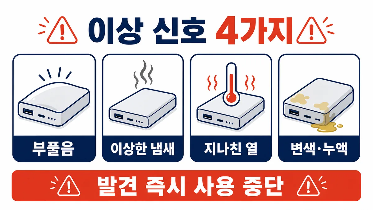 보조배터리의 부풀음, 이상한 냄새, 지나친 열, 변색과 누액 등 네 가지 이상 신호를 보여주는 카드형 인포그래픽