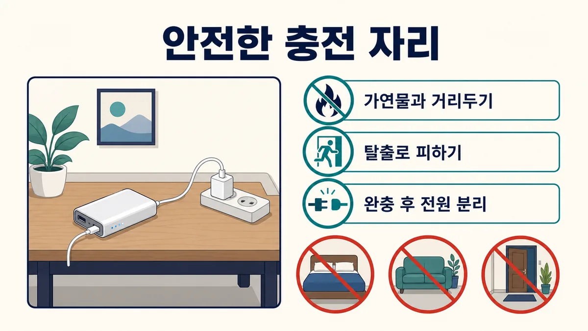 단단한 책상 위에서 가연물과 거리를 두고 탈출로를 피해 충전하며 완충 후 전원을 분리하는 안전 충전 위치 인포그래픽