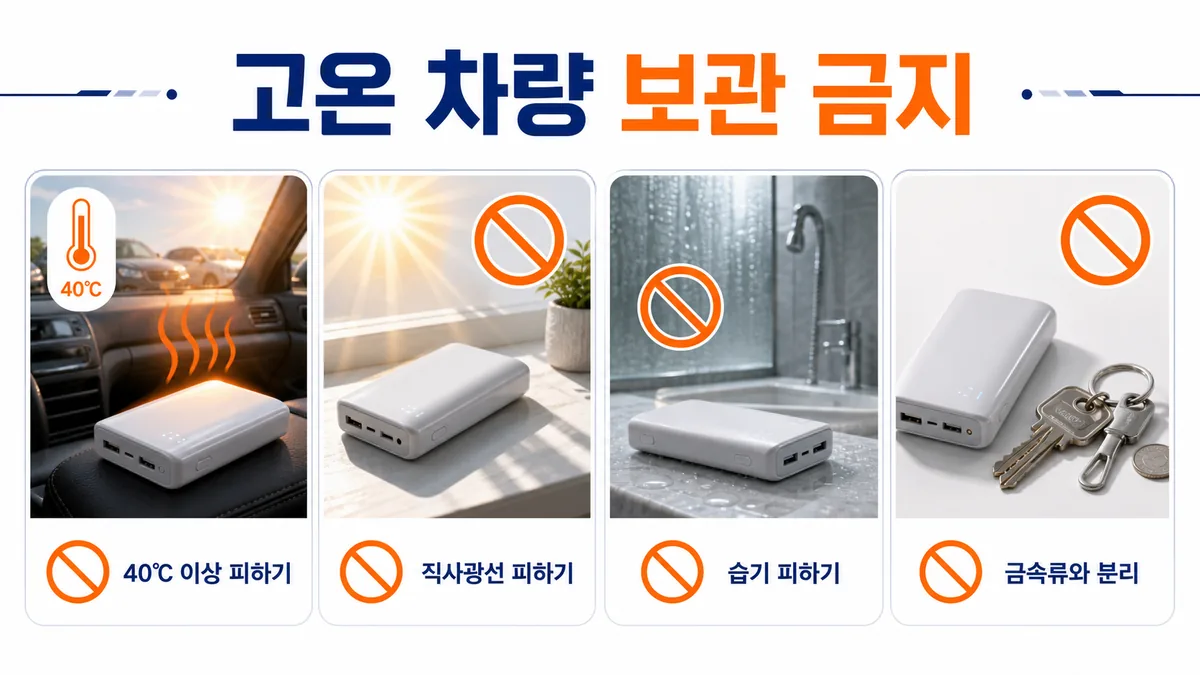40도 이상 고온 차량, 직사광선, 습기와 금속류 주변에서 보조배터리를 보관하지 말아야 함을 나타낸 인포그래픽