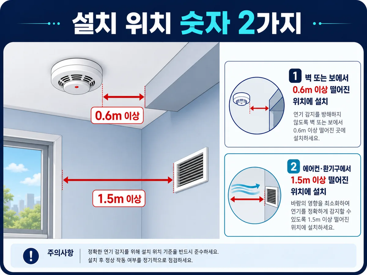 천장 화재경보기를 벽과 보에서 0.6미터 이상, 공기유입구에서 1.5미터 이상 떨어뜨리는 설치 위치 도식