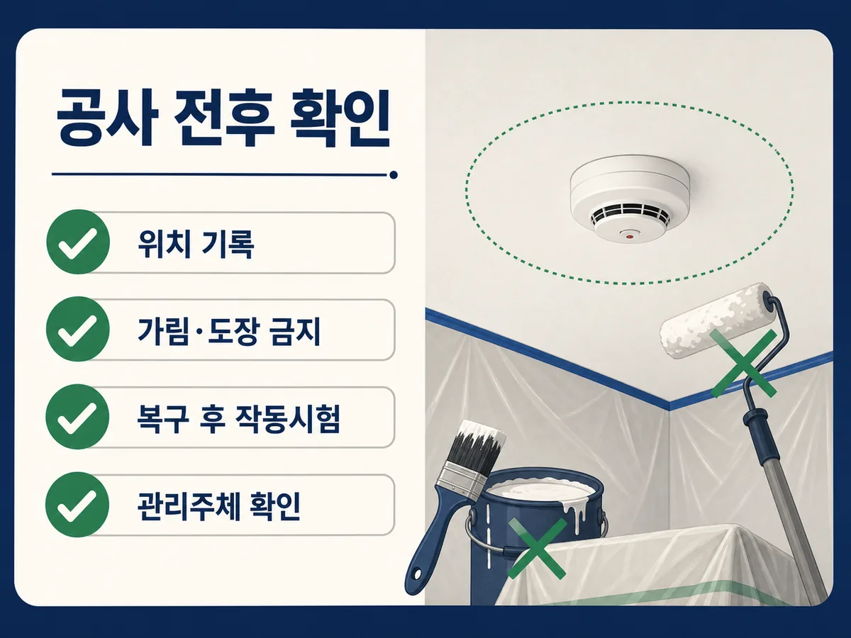 천장 인테리어 공사 전 화재경보기 위치 기록과 가림·도장 금지, 복구 후 시험을 안내하는 카드