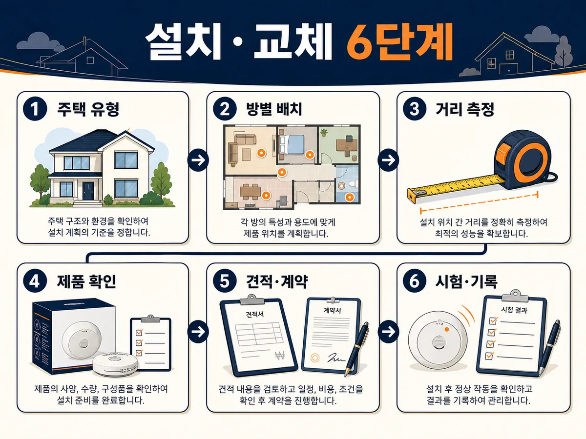 주택 유형 확인부터 방별 배치, 거리 측정, 제품 확인, 견적 계약, 시험 기록까지 6단계를 나타낸 인포그래픽