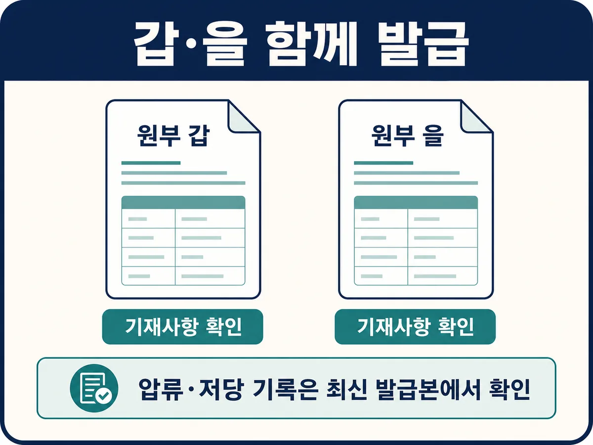 자동차등록원부 갑과 을을 함께 발급해 최신 기재사항을 확인하는 안내 카드