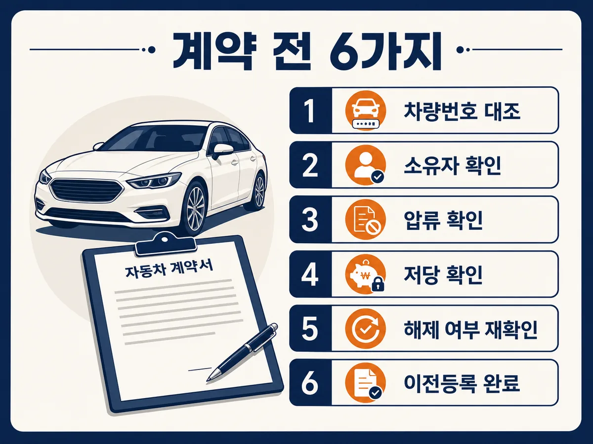 중고차 계약 전 차량번호, 소유자, 압류, 저당, 해제 여부, 이전등록 완료를 확인하는 6가지 체크리스트