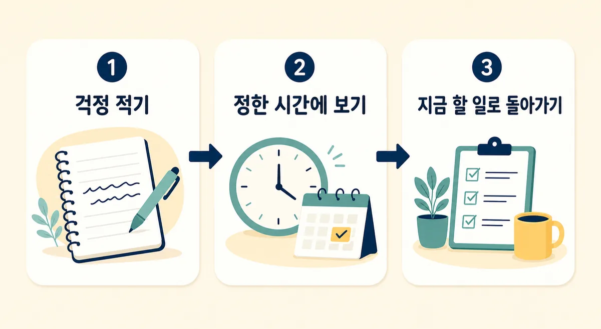 걱정을 적고 정한 시간에 살핀 뒤 현재 할 일로 돌아가는 3단계 안내 카드