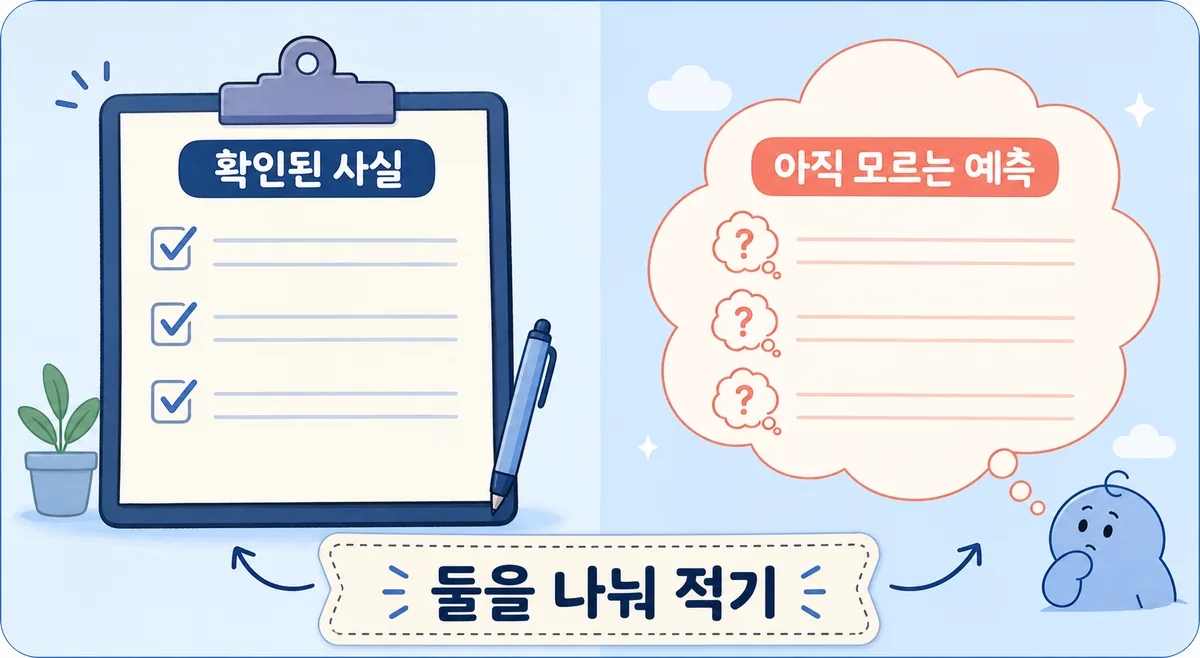 확인된 사실과 아직 모르는 예측을 나누어 적는 마음관리 비교 카드