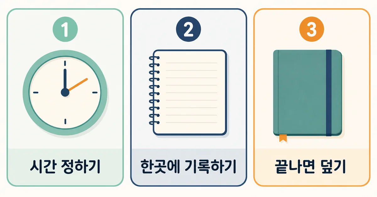 걱정 시간을 정하고 한곳에 기록한 뒤 끝나면 노트를 덮는 3단계 루틴 카드