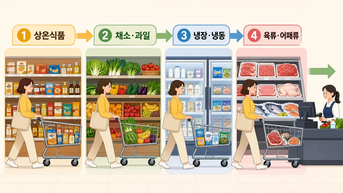 상온식품, 채소와 과일, 냉장냉동식품, 육류와 어패류 순서로 장보는 4단계 그림