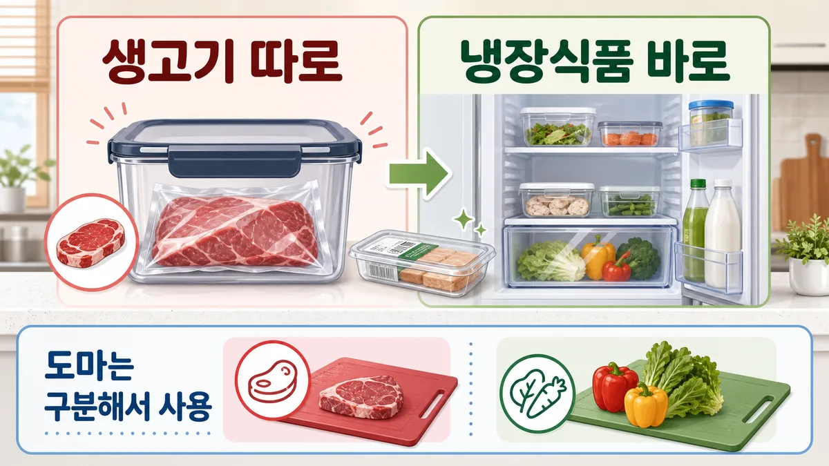 생고기는 밀폐용기에 따로 두고 냉장식품은 바로 냉장고에 넣는 분리 보관 예시