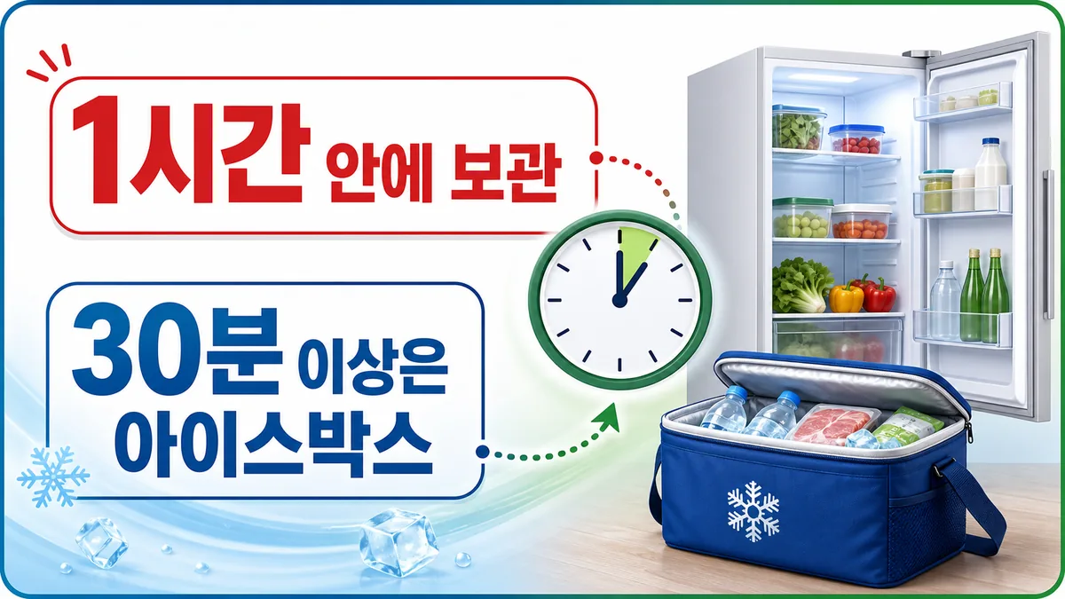 여름철 식품은 1시간 안에 보관하고 30분 이상 이동하면 아이스박스를 준비하라는 안내 카드