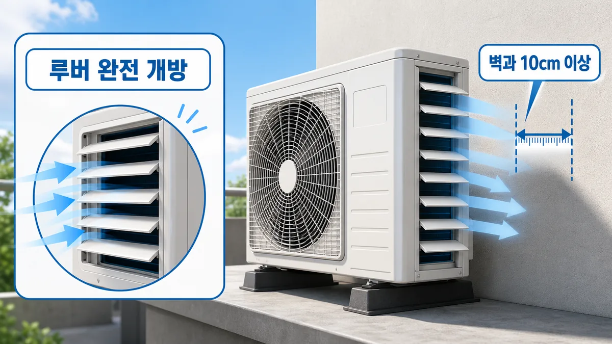 에어컨 실외기 루버를 완전히 열고 벽과 10cm 이상 간격을 확인하는 안전 안내