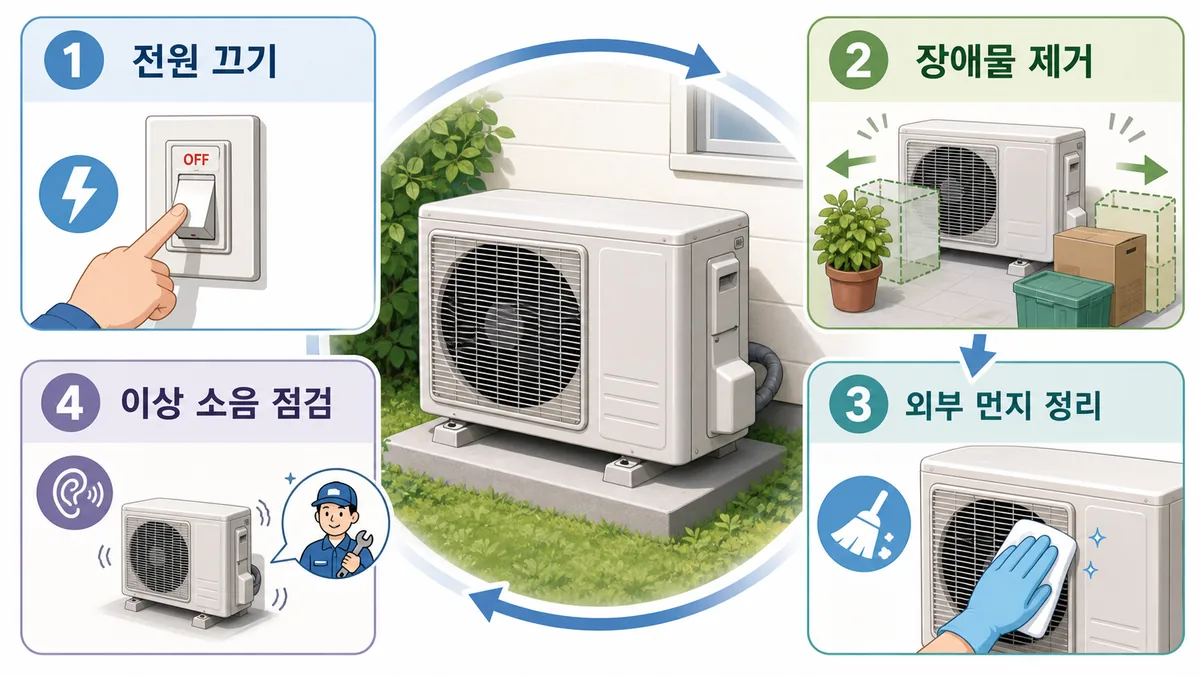 전원 끄기, 장애물 제거, 외부 먼지 정리, 이상 소음 점검으로 이어지는 실외기 안전 4단계