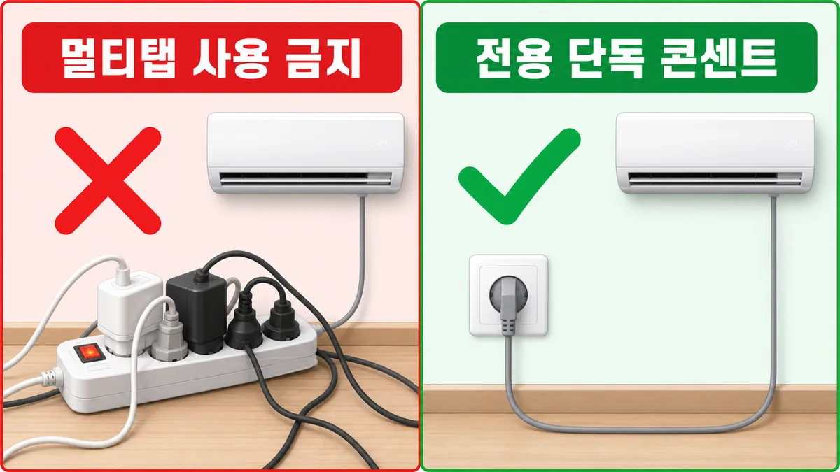 에어컨을 여러 기기가 연결된 멀티탭 대신 전용 단독 콘센트에 연결하는 비교 그림