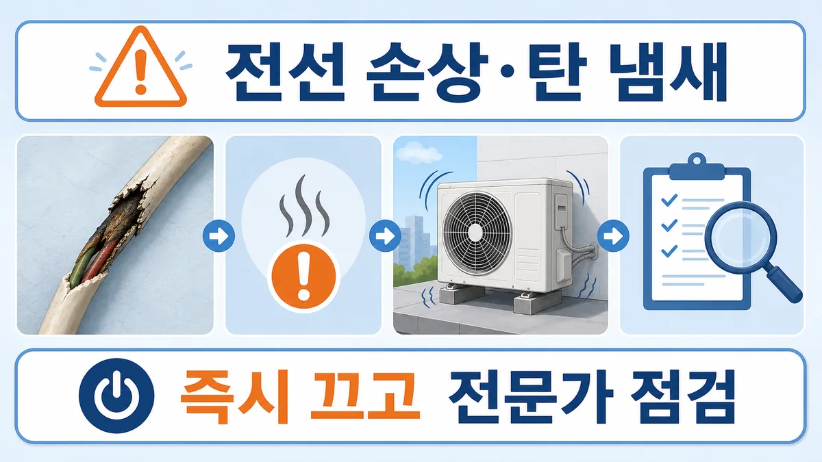 실외기 전선 손상과 탄 냄새, 이상 진동을 발견하면 전원을 끄고 전문가 점검을 받는 안내