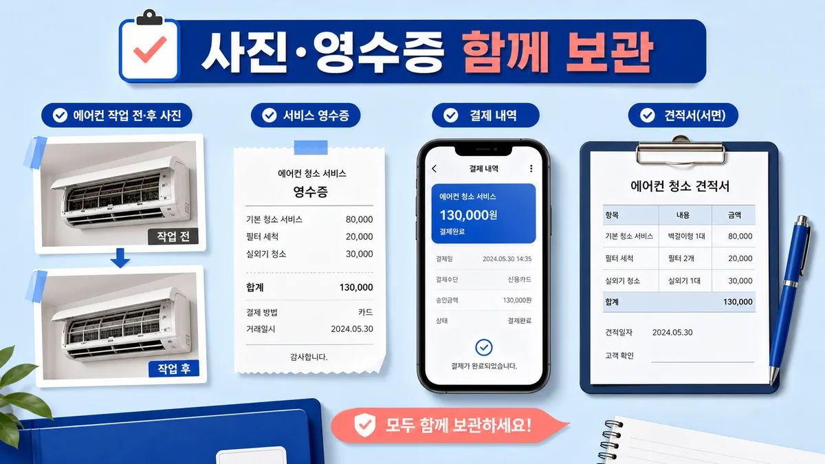 에어컨청소 전후 사진과 영수증 결제내역 견적서를 함께 보관하는 증빙 체크리스트