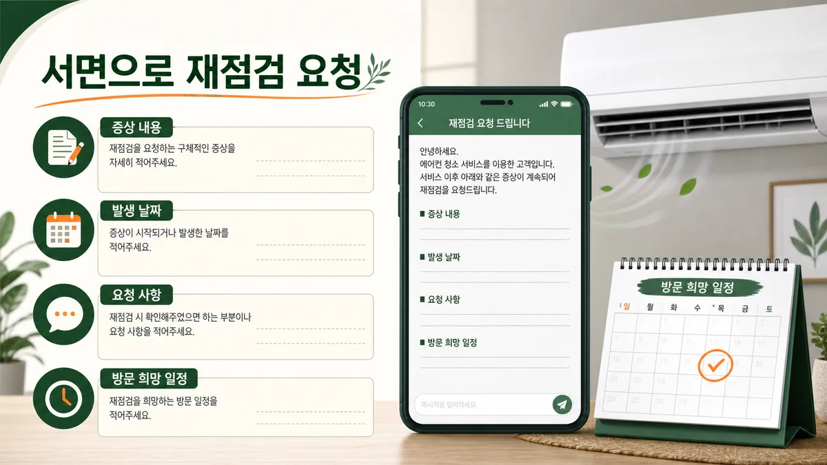 에어컨청소 업체에 증상과 날짜 요청사항을 서면으로 보내 재점검을 요청하는 예시